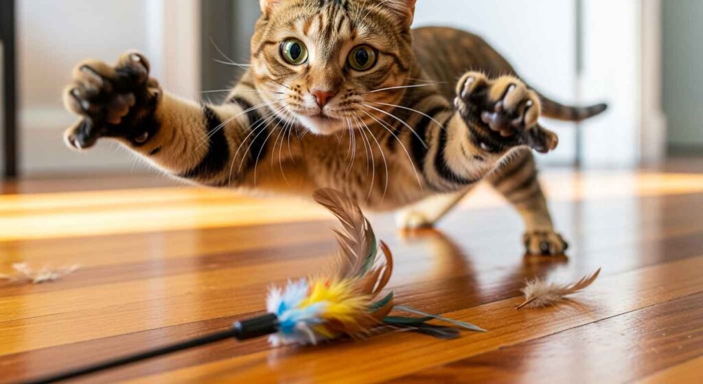 Cat batting at feather wand toy.