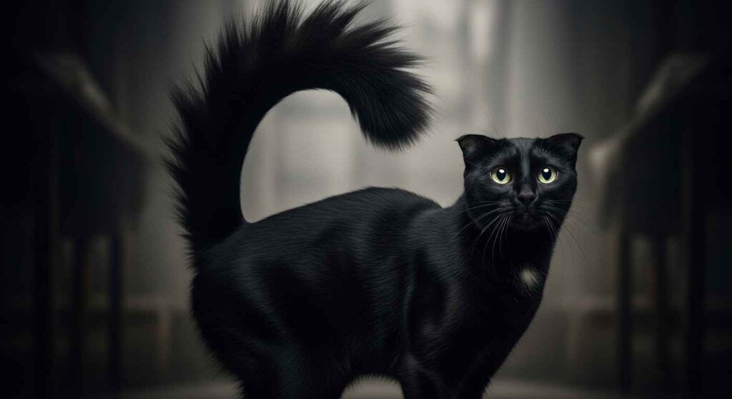 Scared cat with bushy tail and arched back