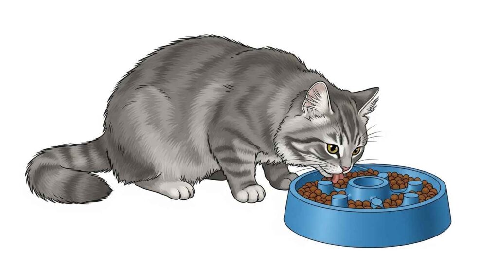 Gray cat eating from blue puzzle feeder bowl.