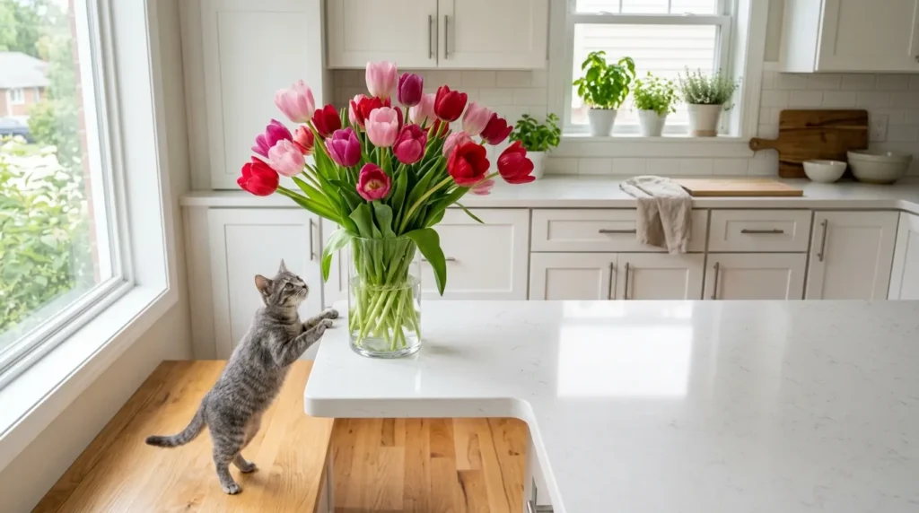 Grey cat reaching toward tulips on a kitchen counter illustrating tulip toxicity risk for cats