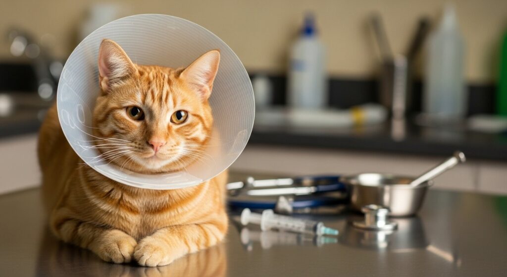 Feline wearing e-collar post-surgery.