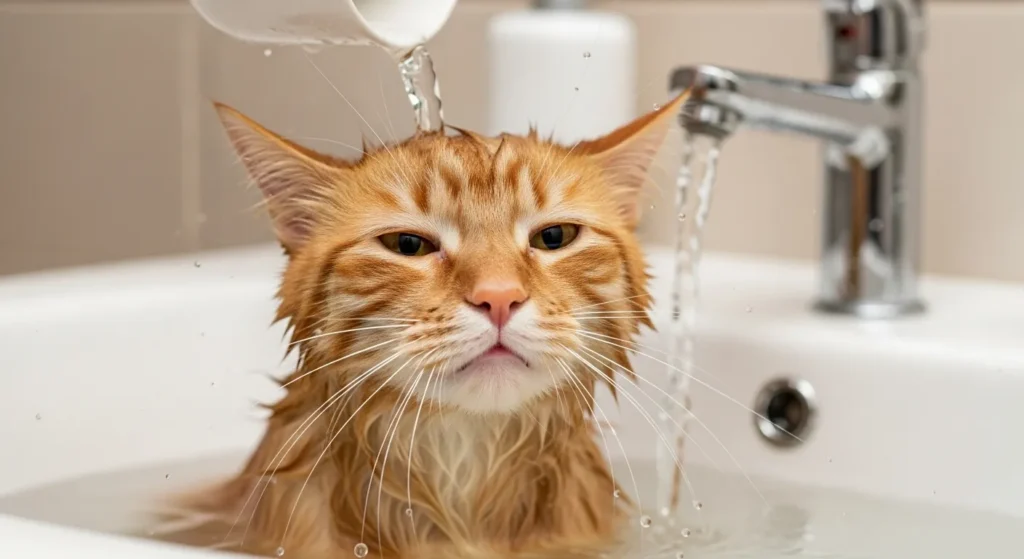 Cat getting rinsed in a bath.