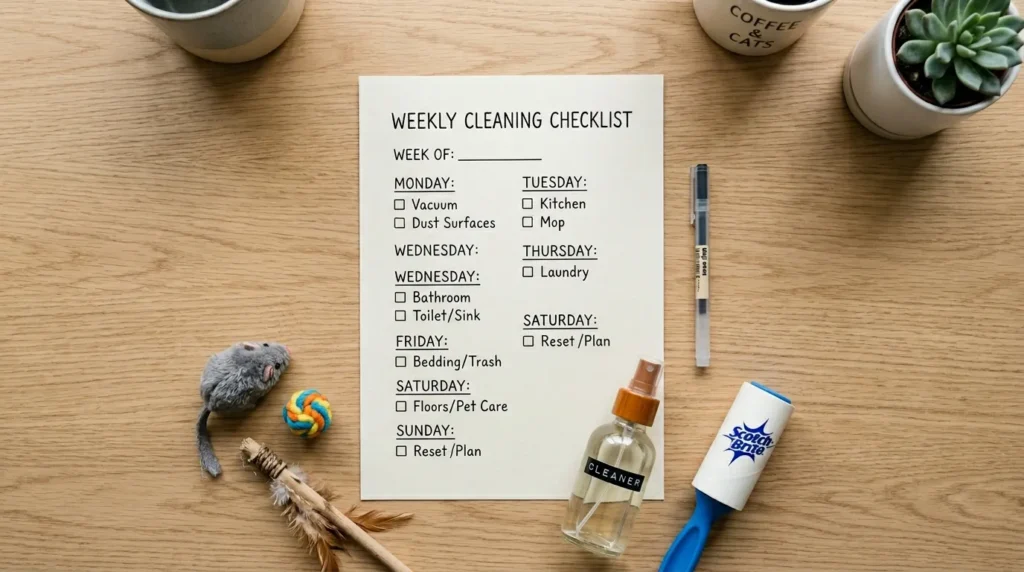 Weekly cat owner cleaning checklist flat lay with lint roller, spray bottle, and cat toys on a wooden desk.