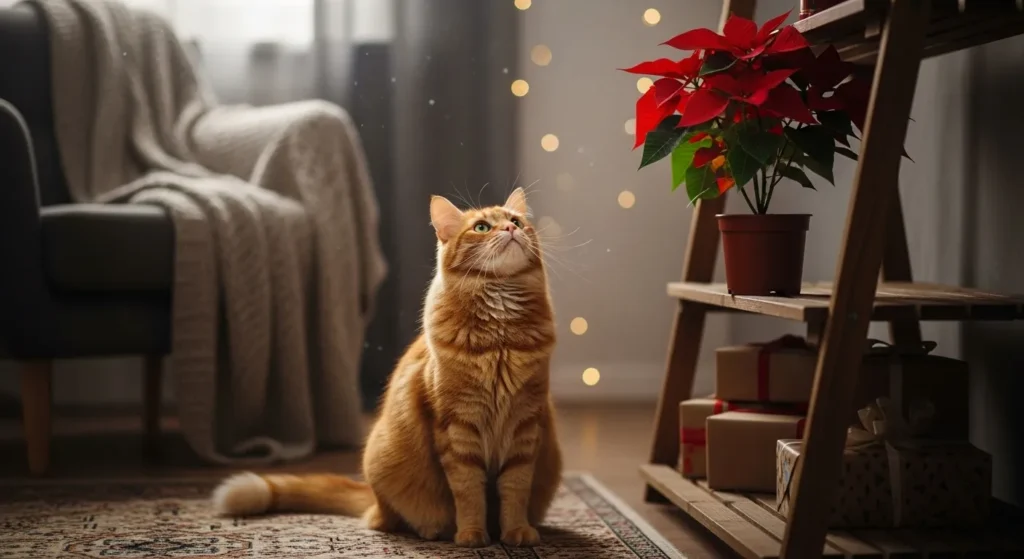 Cat sitting near elevated holiday plants.