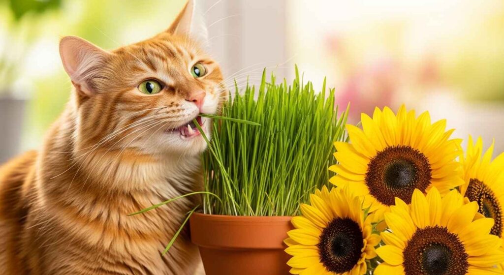 Cat with safe greenery.