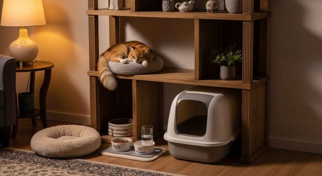 Cat in a room with high perches and essentials.
