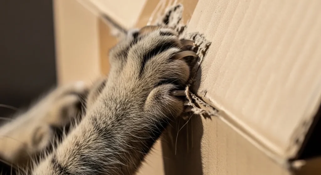 Cat scratching the side of a cardboard box with claws extended