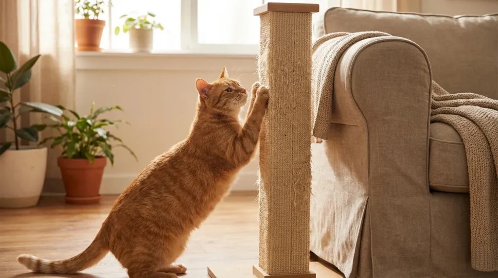 Cat using a tall sisal scratching post placed next to a sofa