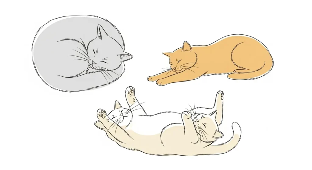 Illustration of cat sleep positions including curled and belly up.