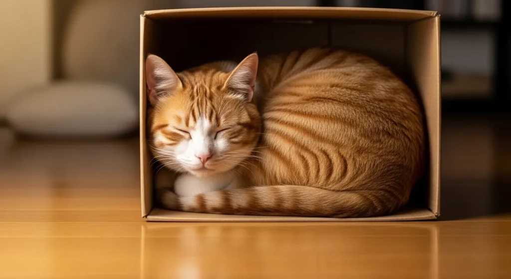Cat curled up sleeping inside a cardboard box for warmth