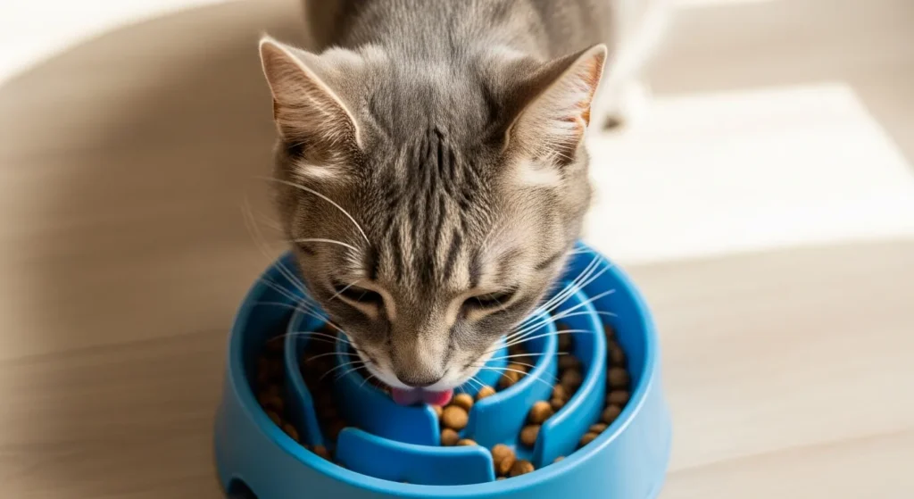 Grey cat eating from a blue slow feeder puzzle bowl on a kitchen floor to prevent vomiting after meals.