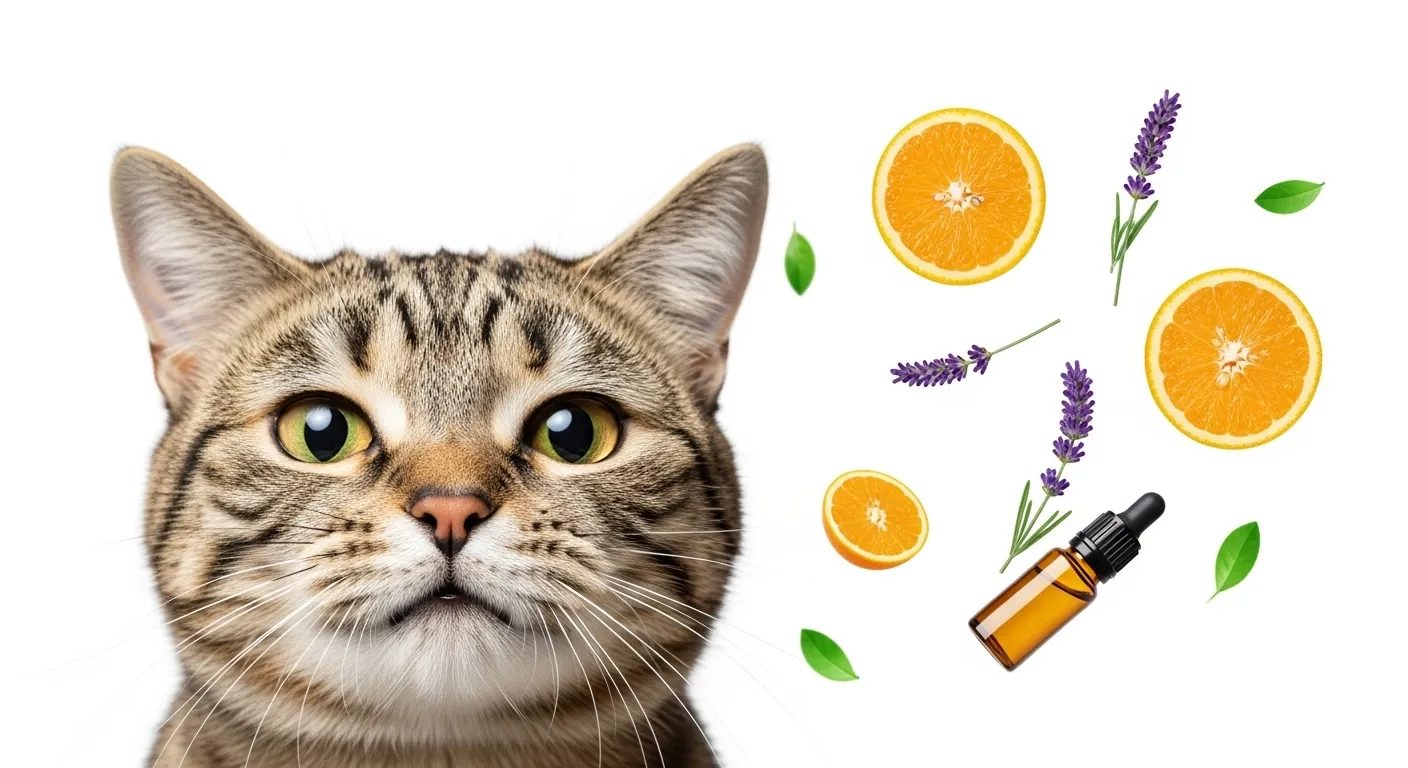 Cute cat disgusted by citrus and lavender scents.