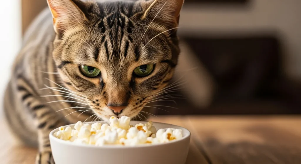 Cat near a bowl of air-popped popcorn.