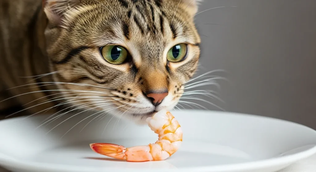 Curious cat near cooked shrimp.