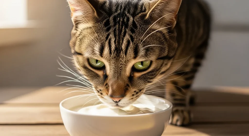 Cat sniffing plain yogurt bowl