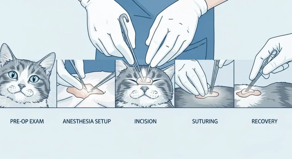 Infographic showing the stages of a cat spay surgery from pre-op to recovery