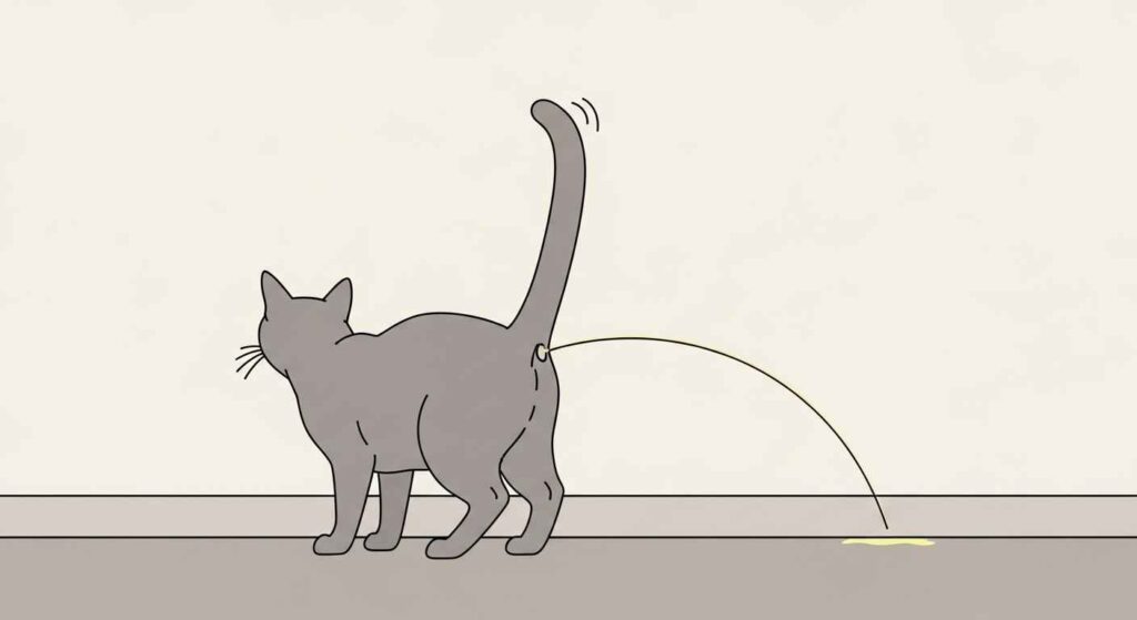 Illustration showing a cat in spraying position against a wall with tail raised