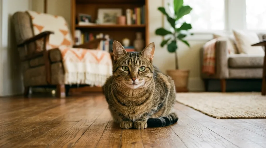 Relaxed tabby cat staring directly at the camera in a cozy living room.