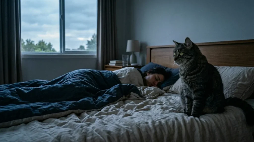 A cat sitting at the edge of a bed staring at a sleeping person in early morning light.