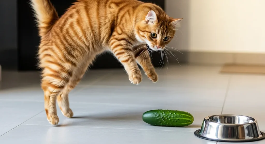 Cat startled by cucumber near food bowl