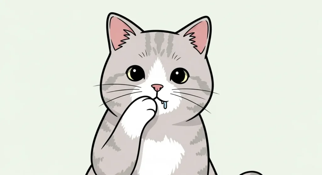 Cartoon of a cat drooling and pawing at mouth.