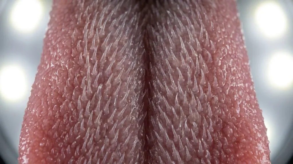 Macro close-up of a cat's tongue showing the texture of papillae spines