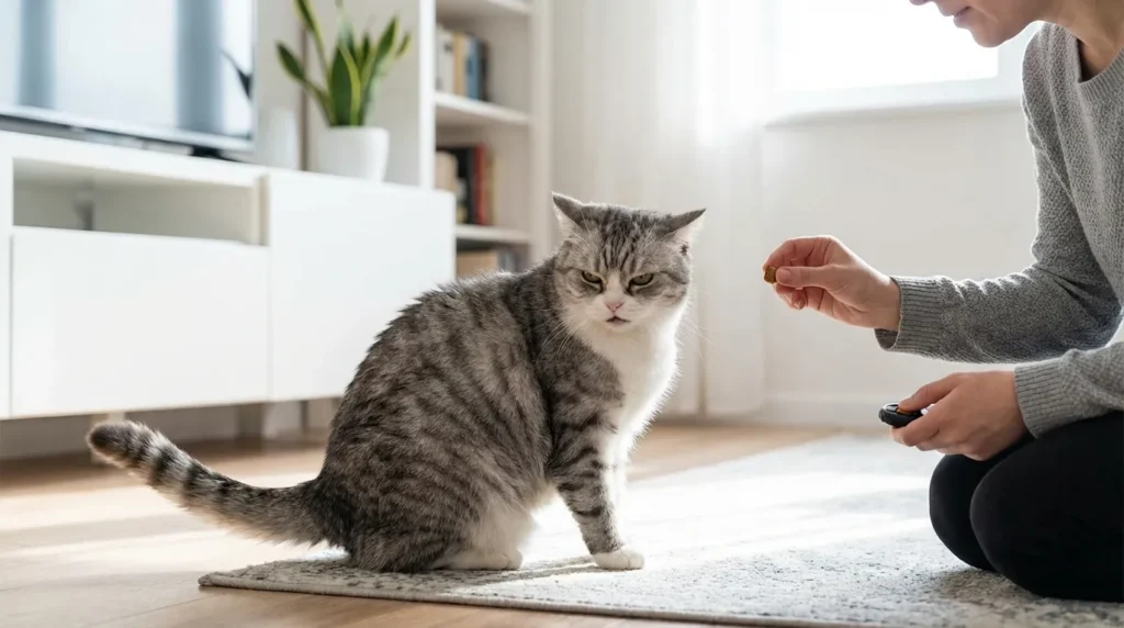 Cat turning away from owner during a training session that ran too long