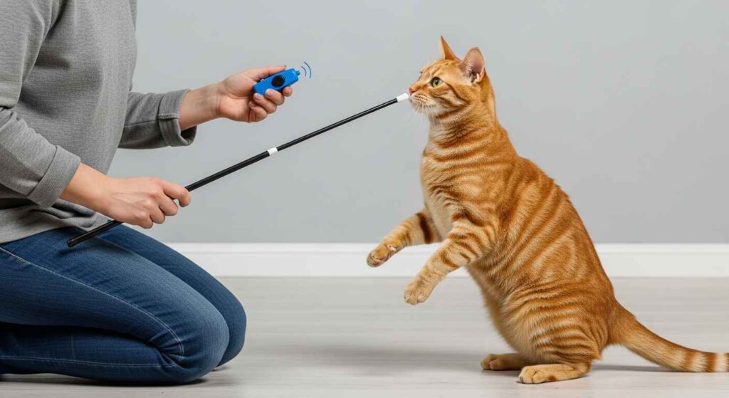 Person using clicker with orange cat.