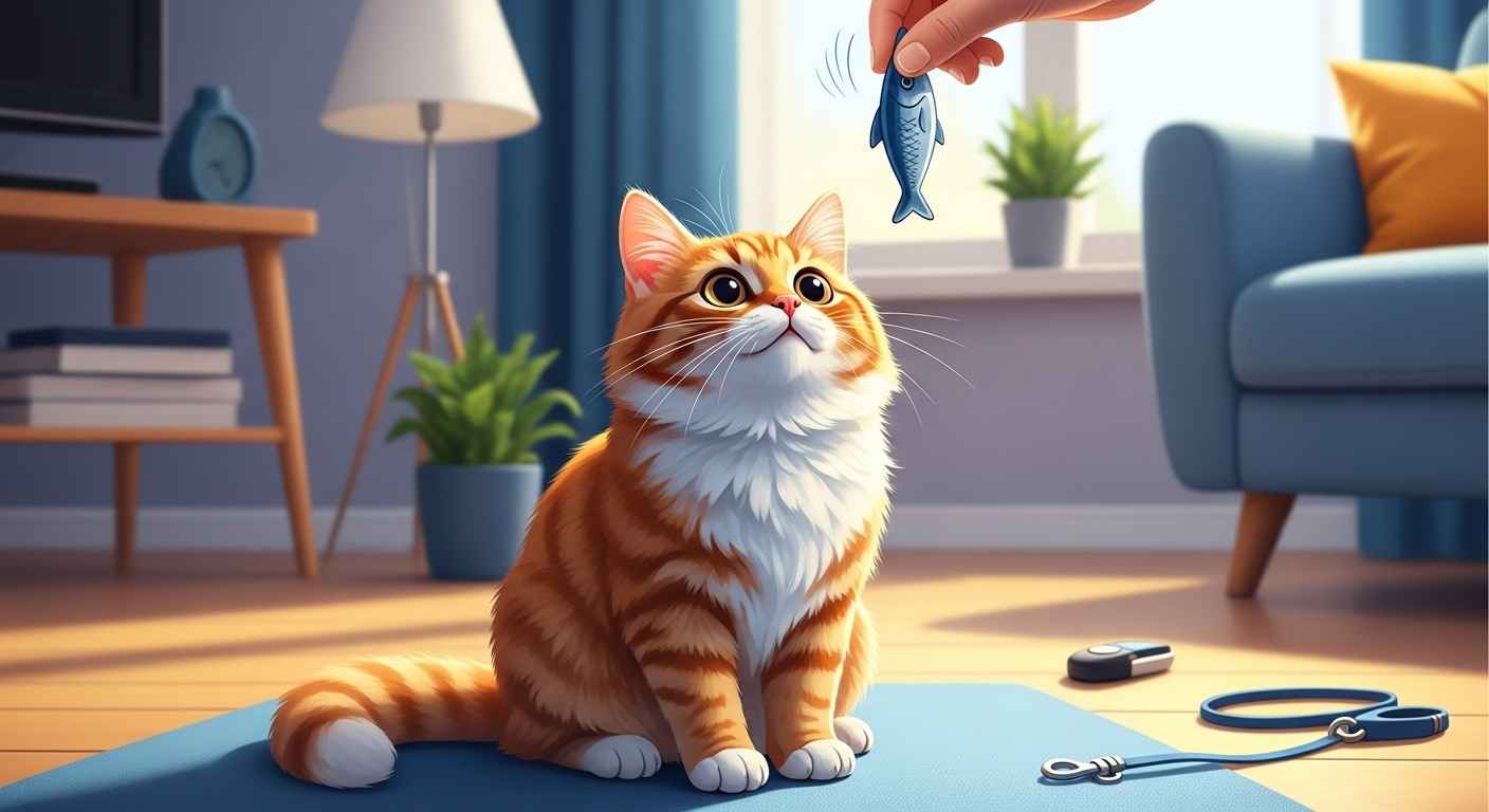 Orange cat learning to sit with treat.
