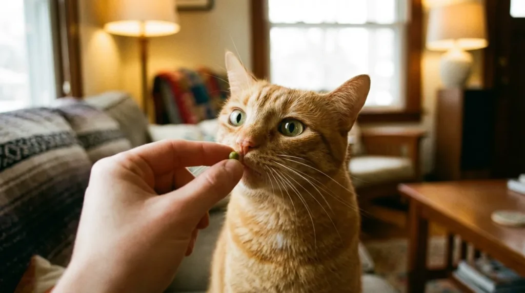 Hand offering a small training treat to an alert orange cat