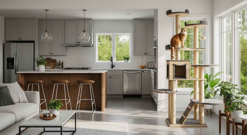 Large cat tree with multiple levels positioned near kitchen counter