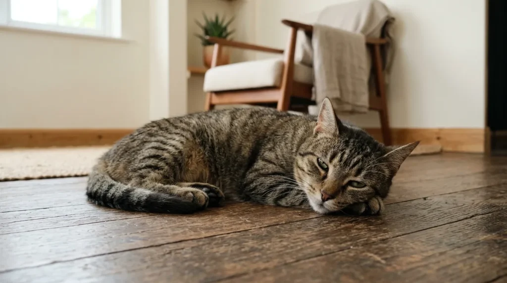Lethargic cat lying on floor showing symptoms of tulip poisoning