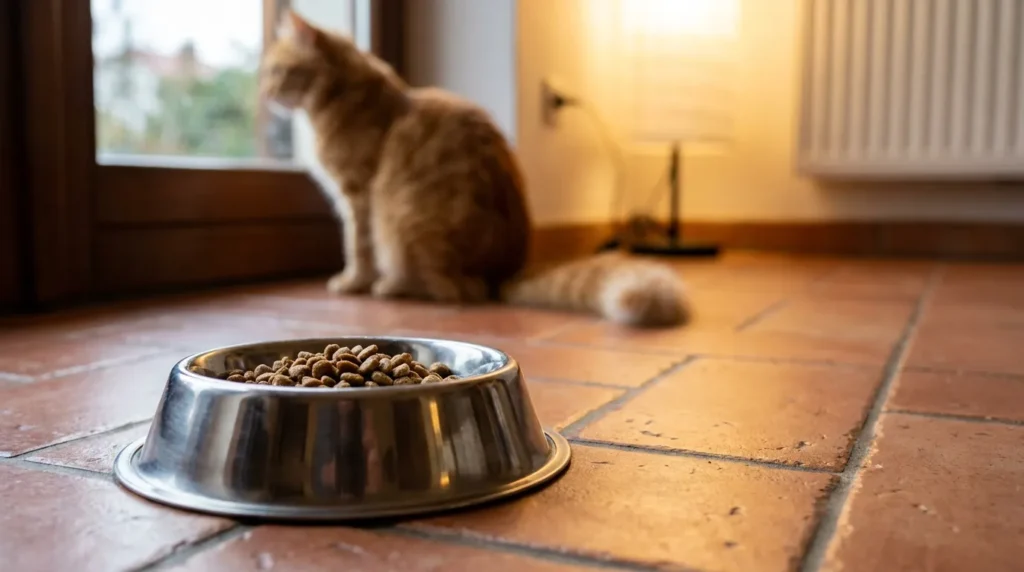 Untouched cat food bowl on kitchen floor with cat in background