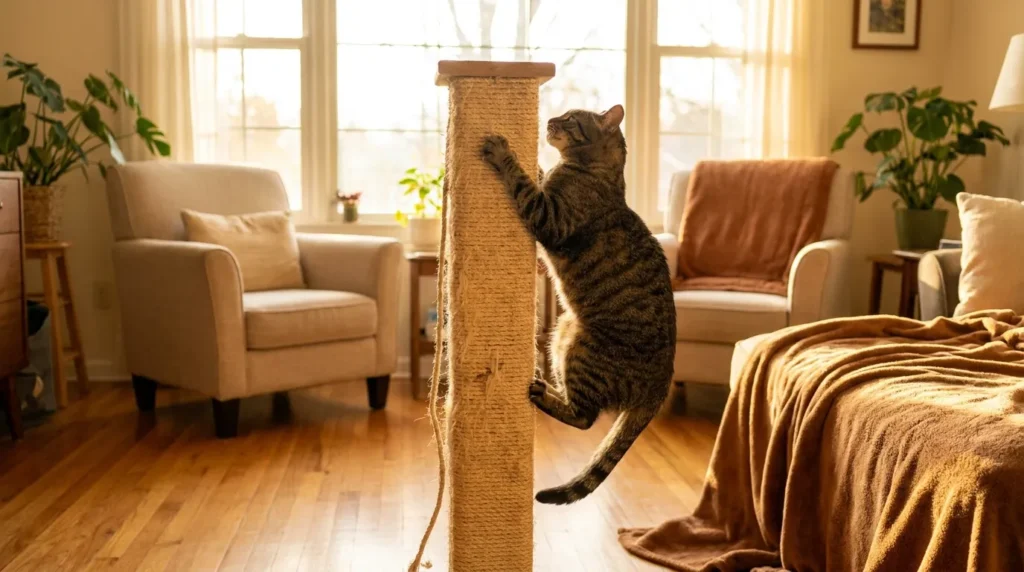Cat scratching a sisal post indoors — how to stop cat from scratching furniture