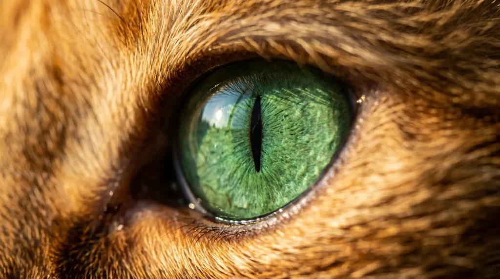 Close-up of a cat's vertical slit pupil eye in golden sunlight