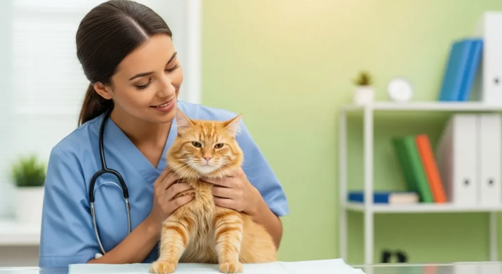 Veterinarian examining cat.
