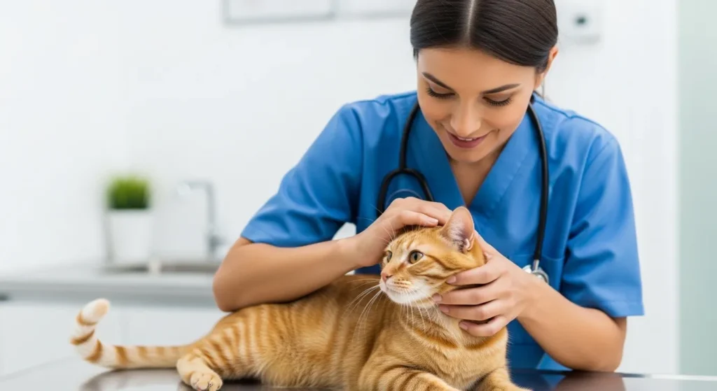 Veterinarian examining a cat.