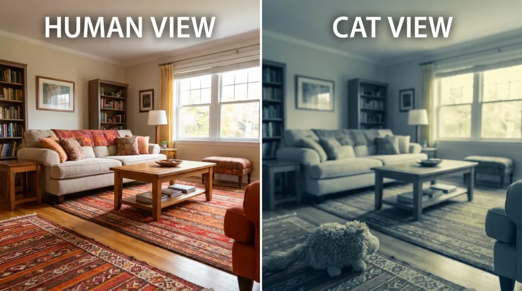 Side-by-side image showing human color vision versus cat's limited blue-yellow color perception
