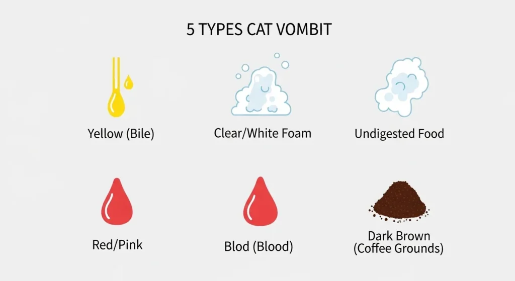Infographic guide showing five types of cat vomit by color and what each may indicate medically.