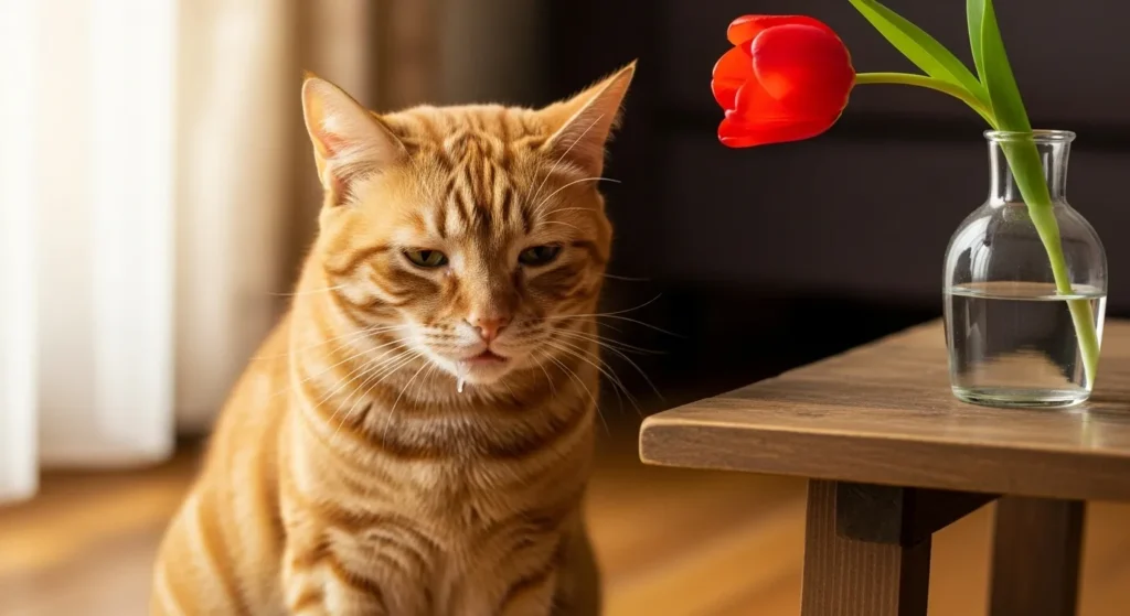 cat vomiting near tulip plant