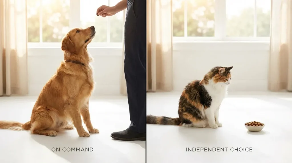 Side-by-side comparison of cat and dog responding to training cues