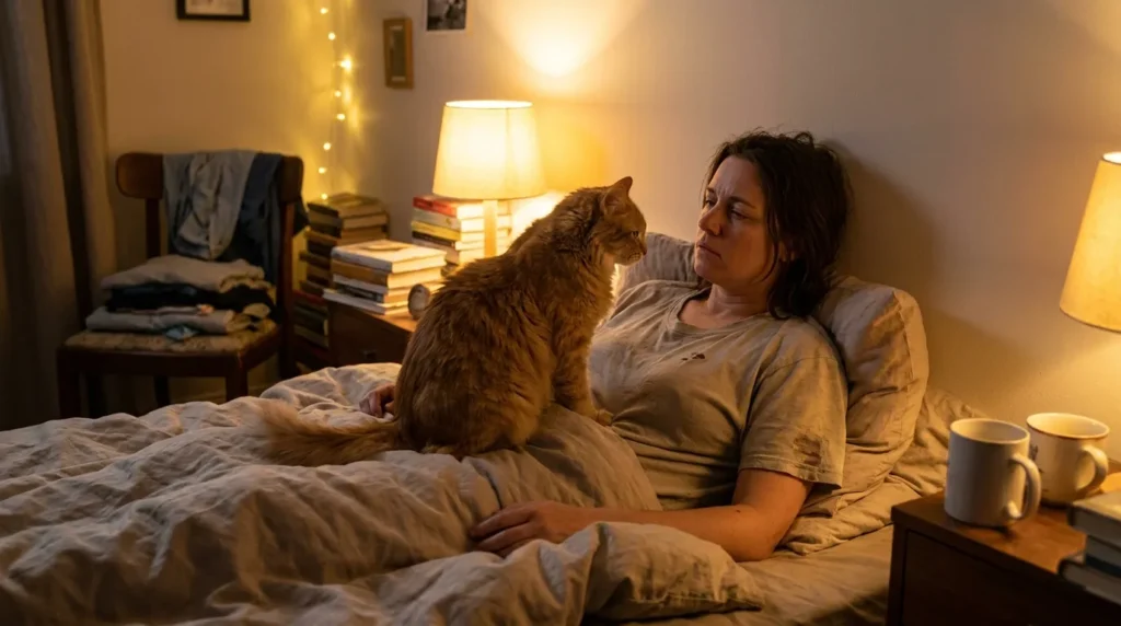 Cat sitting on sleeping owner's chest at night in a dimly lit bedroom