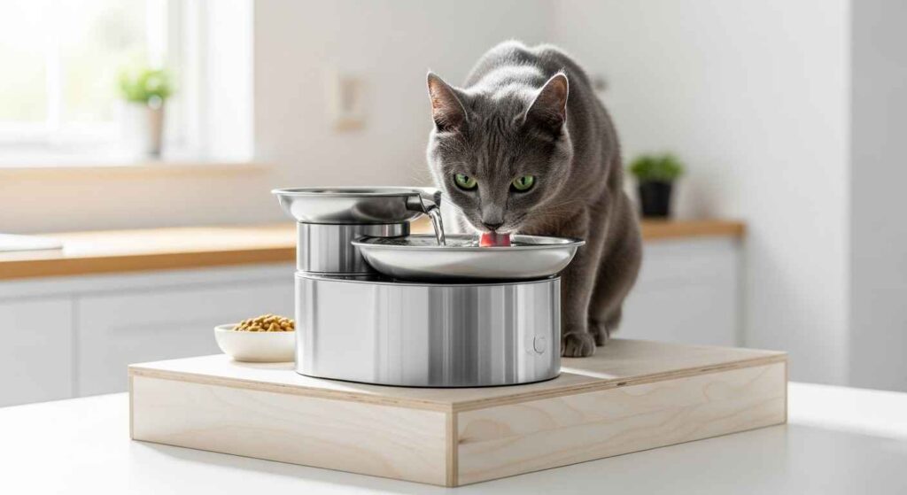 Cat drinking from stainless steel water fountain on elevated surface