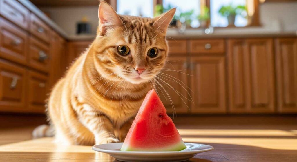 Cat eyeing seedless watermelon flesh for a treat.