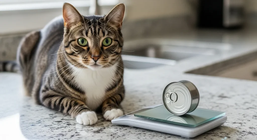 Cat with food scale and wet food can