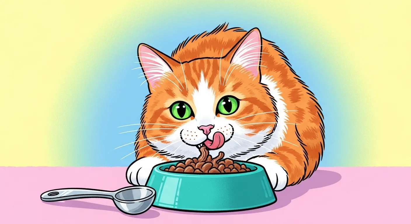 Cat enjoying wet food with measuring tool.