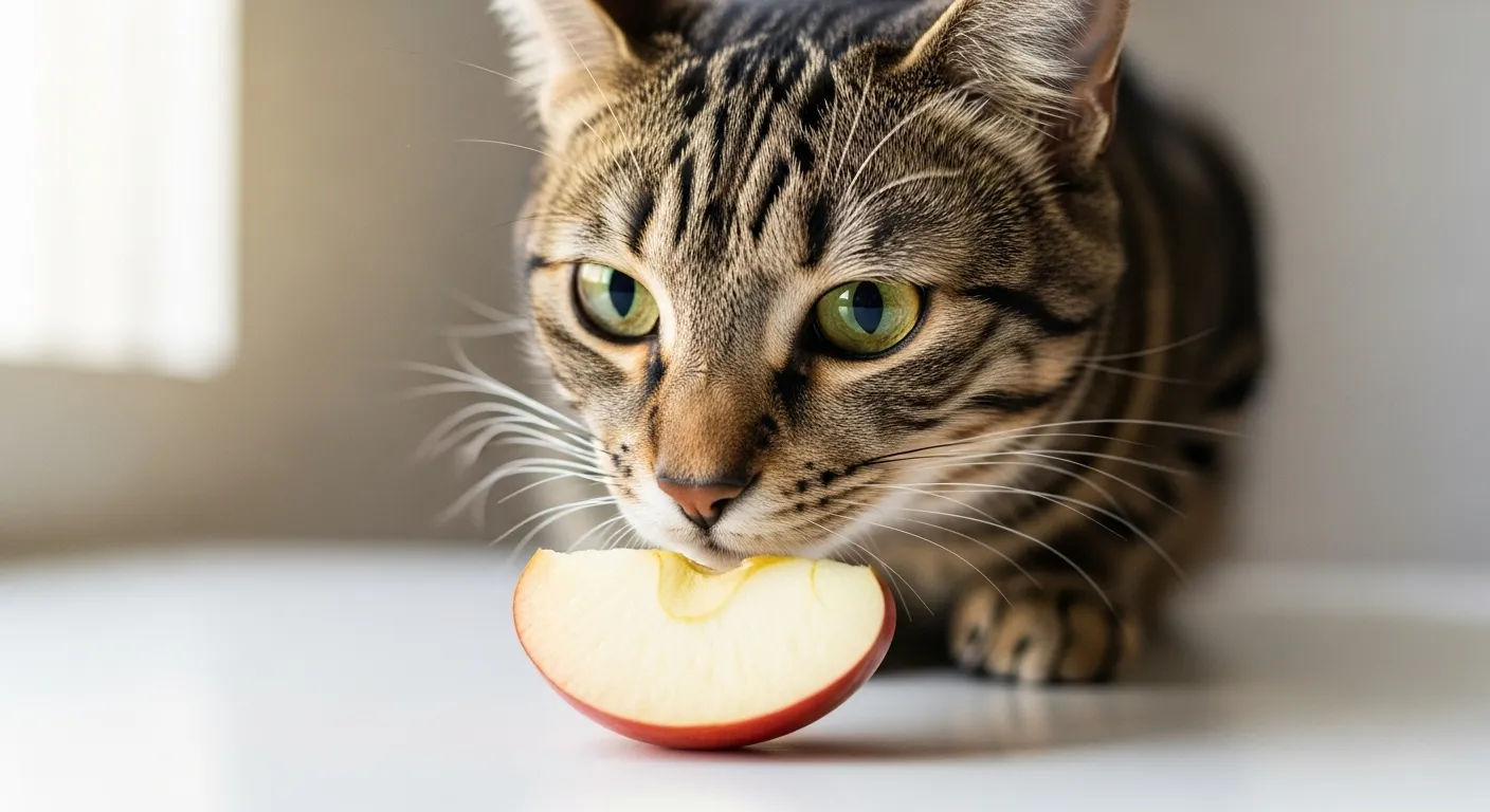 Curious cat with a peeled apple slice for blog thumbnail.