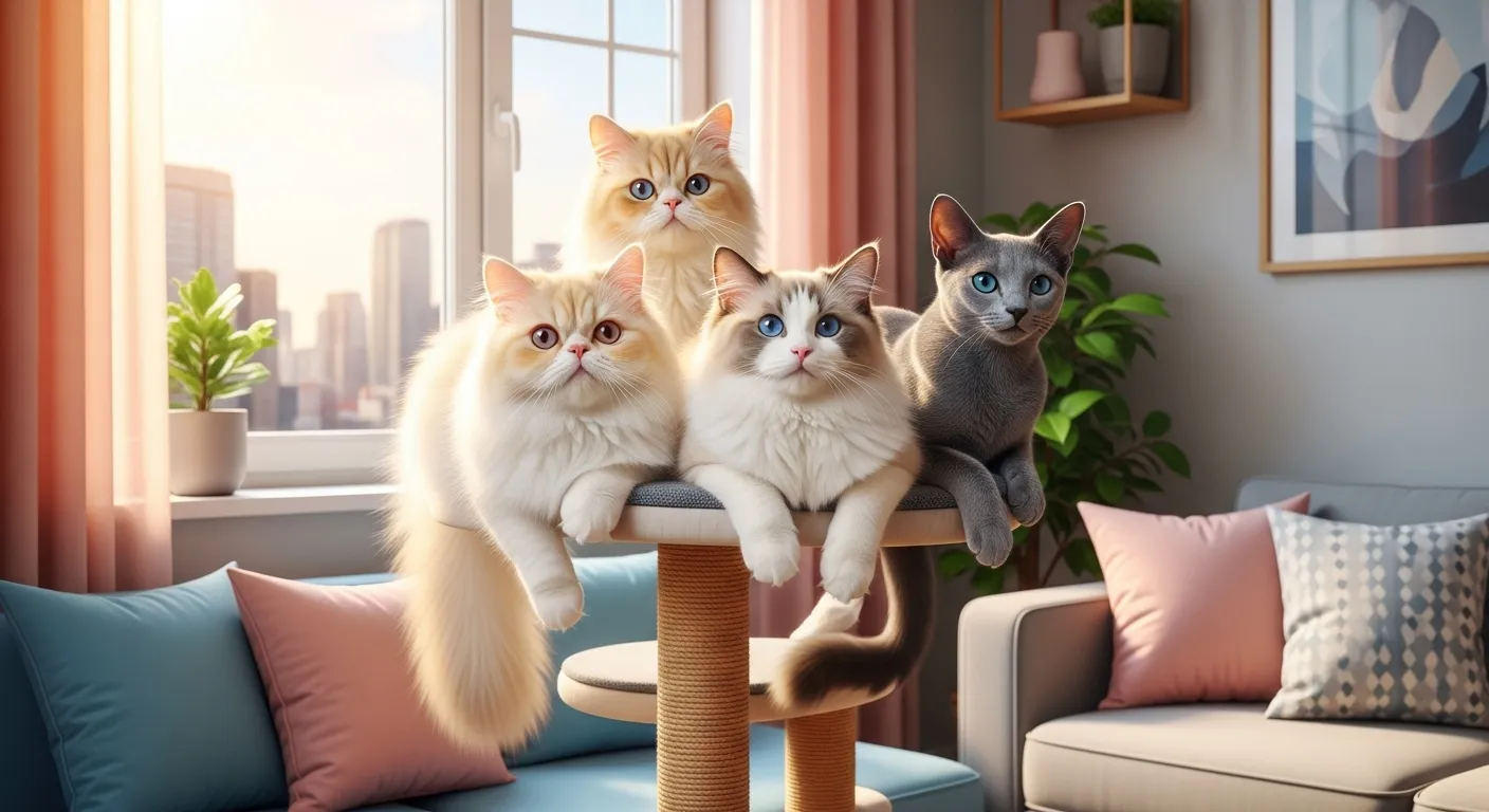 Group of cute cat breeds in a small apartment for blog thumbnail.