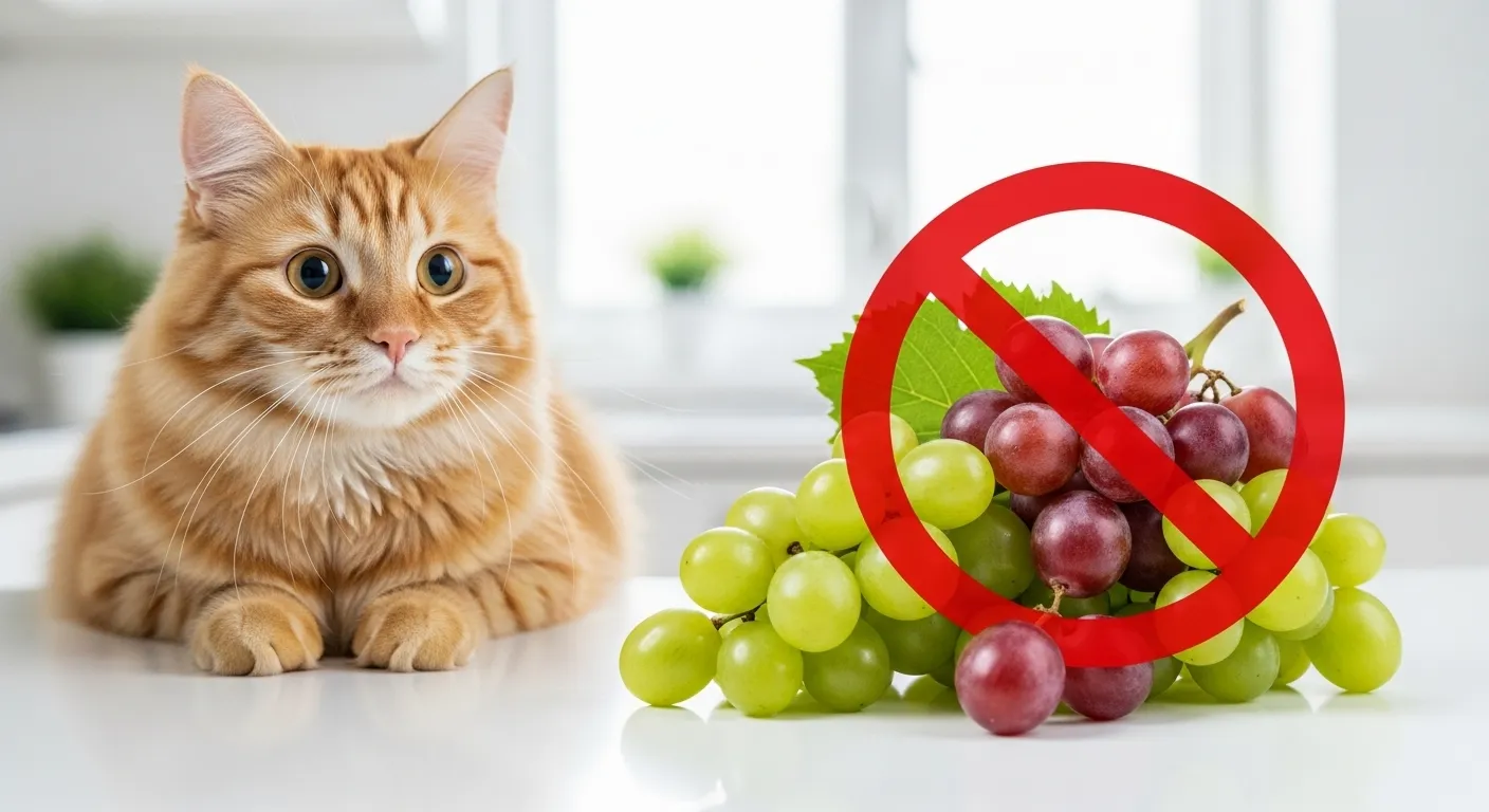 Cat looking at grapes with a red warning symbol.
