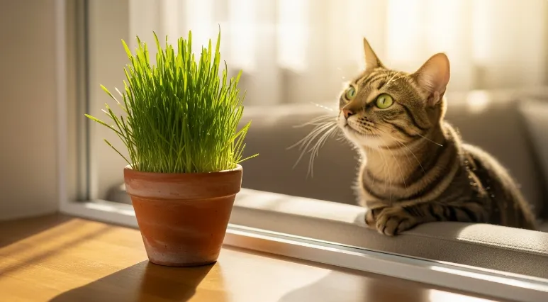 Pot of cat grass for cats to chew safely.